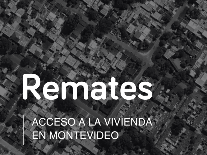 Imagen aérea de la ciudad con frase: Remates - Acceso a la vivienda en Montevideo